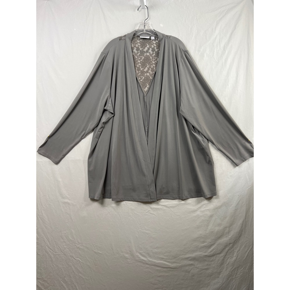 Susan Graver Cardigan Womens 3X Grey Lace Back Open Front Side Slit Long Sleeve